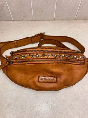 Marta Ponti Studded Leather Belt Bag in Cognac